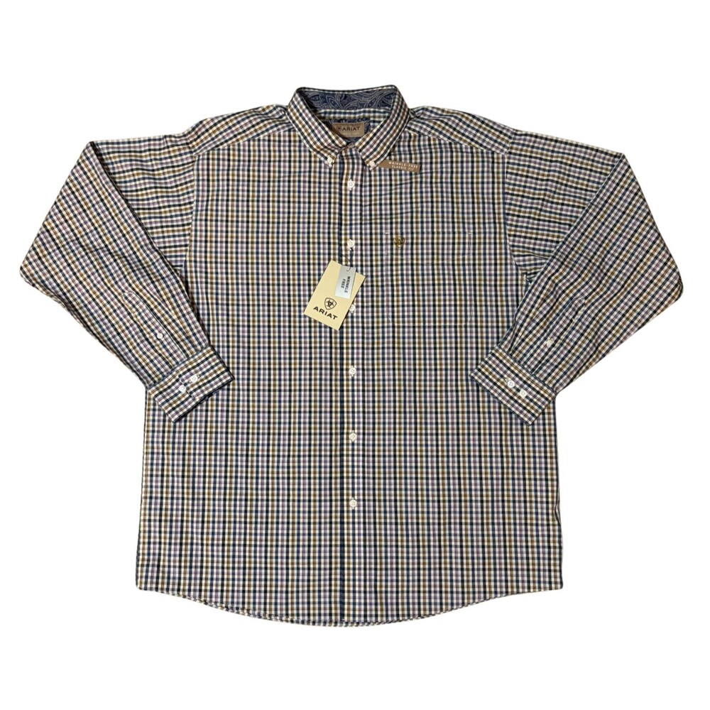 NWT Ariat Shirt Mens XL Purple Plaid Wrinkle Free Paisley Flip Cuff Button Down - Picture 2 of 12